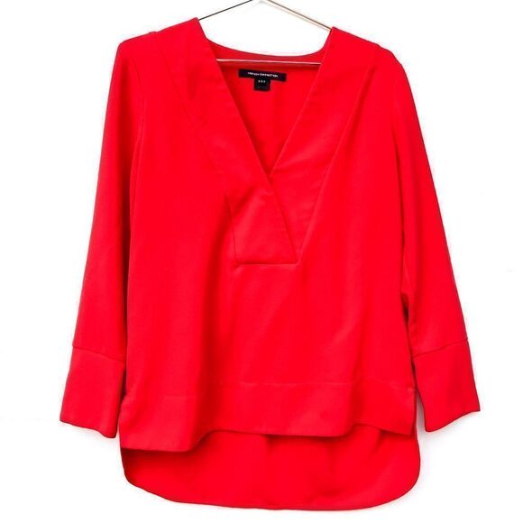 French Connection Orange Arrow Crepe Lone Sleeve V Neck Tunic Top - Picture 3 of 10